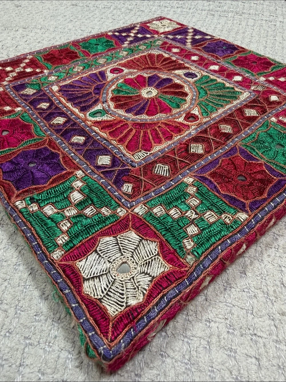 Vintage Tapestry Embroidered Mirrors Jewel Tones Crewel Square Wall Hanging